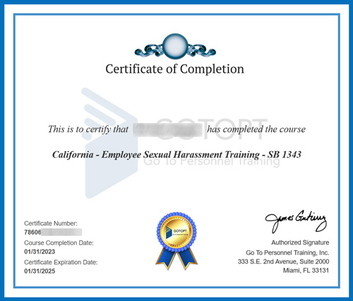 California Sexual Harassment Training Certificate GOTOPT
